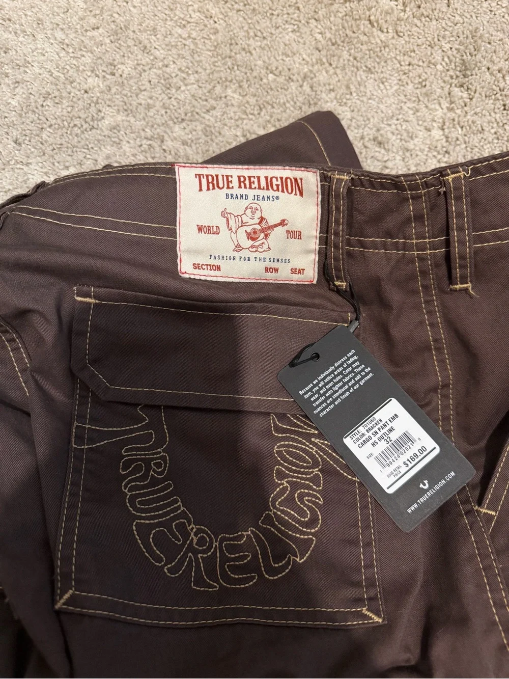 True Religion Brown Cargo Pants with Contrast Stitching
